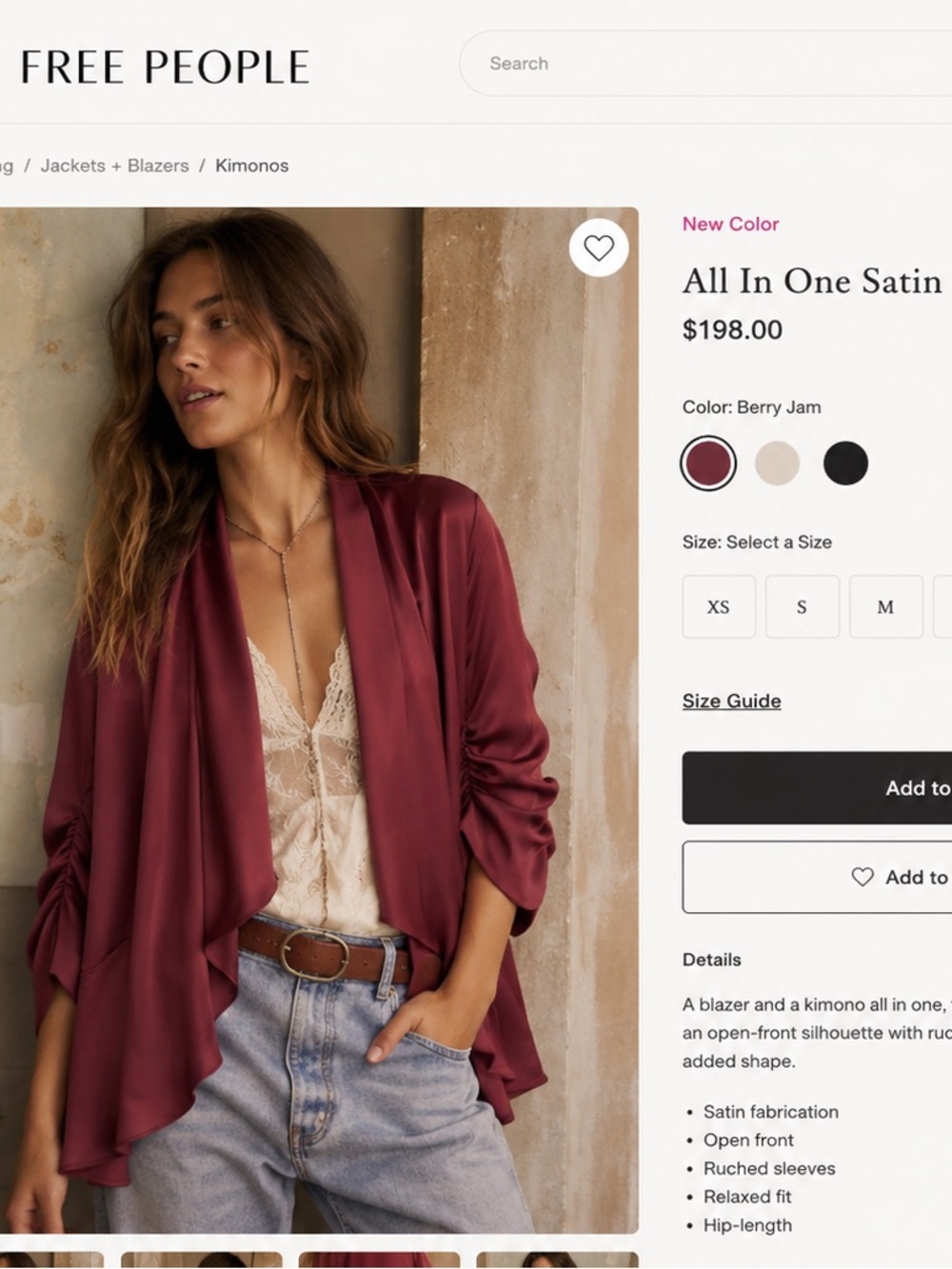 Free People Satin Draped Blazer in Berry